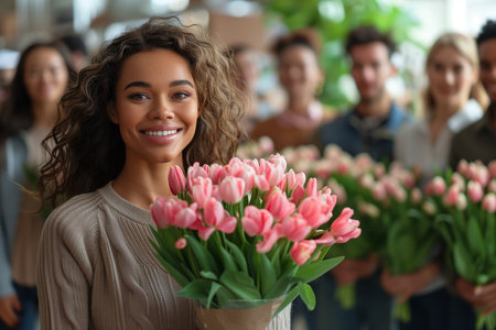 International Women's Day Celebration: Men Presenting Flowers to Women in Officeの素材