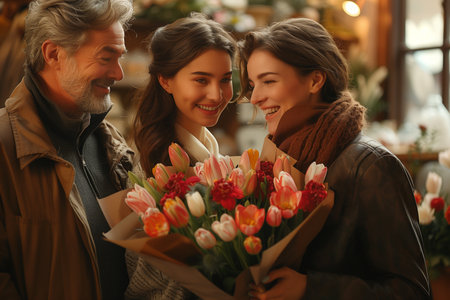 International Women's Day Celebration: Men Presenting Flowers to Women in Officeの素材