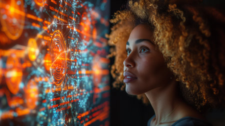 African American Woman Engages Audience with Vibrant Cartography on Big Screenの素材