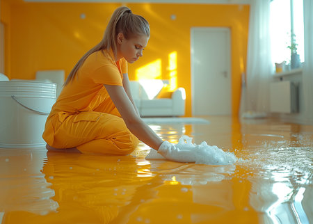 Elegant Cleaning: Beautiful Cleaner Tidies Living Room with Bucket and Mopの素材