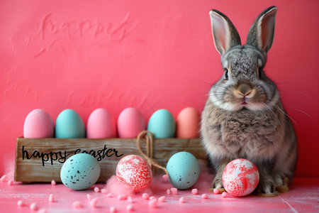 Easter Delight: Bunny, Colored Eggs, and Happy Easter Gift Card Against Pink Backgroundの素材