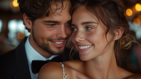 Young Couple Dressed in Formal Wedding Attire Enjoying a Celebration at a Restaurantの素材