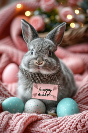 Easter Delight: Bunny, Colored Eggs, and Happy Easter Gift Card Against Pink Backgroundの素材