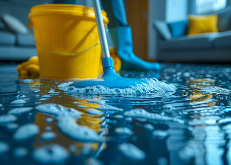 Elegant Cleaning: Beautiful Cleaner Tidies Living Room with Bucket and Mopの素材