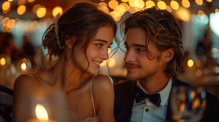 Young Couple Dressed in Formal Wedding Attire Enjoying a Celebration at a Restaurantの素材