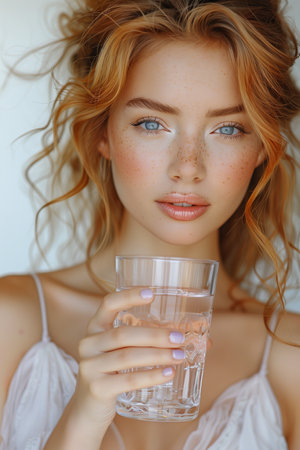 Young European Woman Glows with Health, Holding Glass of Water with Bright Smile and Sparkling Eyesの素材