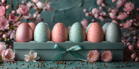 Pastel Pink and Gold-themed Gift Box Holds Delightful Easter Eggs on Light Blue Backgroundの素材