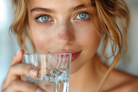 Young European Woman Glows with Health, Holding Glass of Water with Bright Smile and Sparkling Eyesの素材
