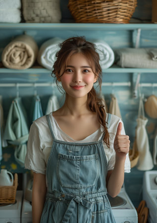 Smiling Asian Maid Gives Thumbs Up Near Laundry in Living Roomの素材