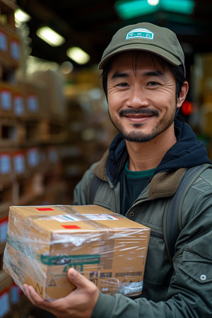 Smiling Courier Holds Package with Warehouse of Boxes in Backgroundの素材