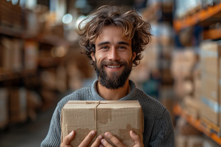 Smiling Courier Holds Package with Warehouse of Boxes in Backgroundの素材