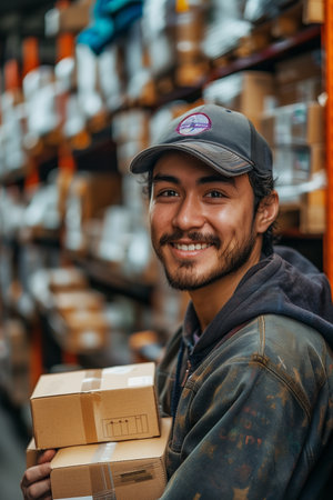 Smiling Courier Holds Package with Warehouse of Boxes in Backgroundの素材
