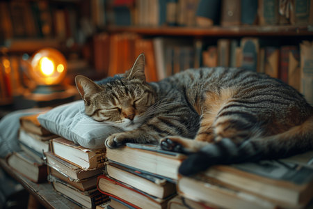 Cozy Nook with Stacks of Novels, Warm Lighting, and a Contented Cat Nappingの素材