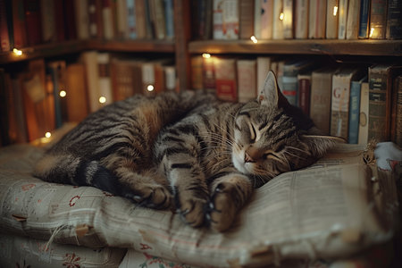 Cozy Nook with Stacks of Novels, Warm Lighting, and a Contented Cat Nappingの素材