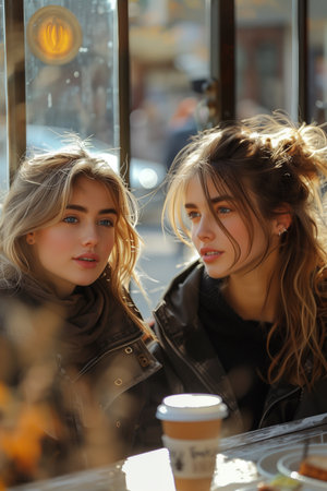Two Female Students Enjoying Outdoor Chat Over Coffeeの素材