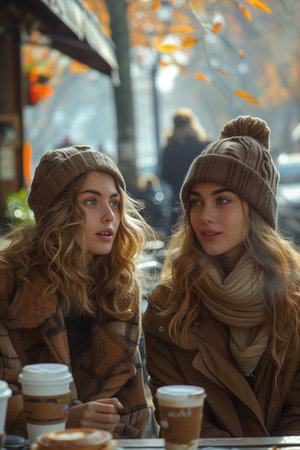 Two Female Students Enjoying Outdoor Chat Over Coffeeの素材
