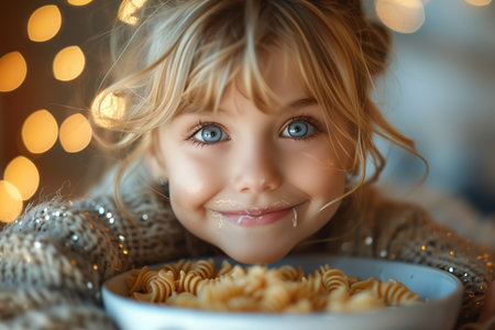 Little Blonde Girl with Blue Eyes Enjoying a Generous Plate of Pasta in a Sparkling Wool Sweaterの素材