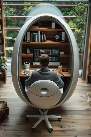 Person Seated at Angled Desk in Ergonomic Chair, Using Computerの素材