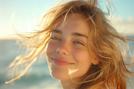 Young Blonde Girl Beams with Happiness, Enjoying Outdoor Fun in the Hazy Sunshineの素材