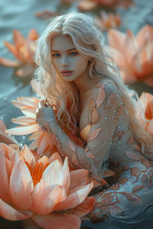 Enchanting Mermaid: Sitting Gracefully on Giant Pink Water Lilyの素材