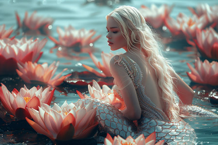Enchanting Mermaid: Sitting Gracefully on Giant Pink Water Lilyの素材