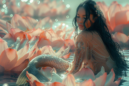 Enchanting Mermaid: Sitting Gracefully on Giant Pink Water Lilyの素材