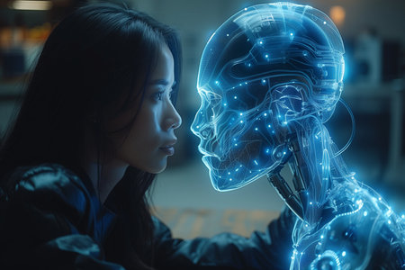 Woman Engages with Blue Light Holographic Representation of Artificial Intelligenceの素材