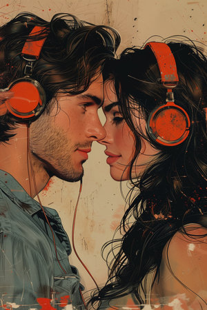 Man and Woman Share Loving Gaze, Woman Holds Headphones in Affectionate Momentの素材