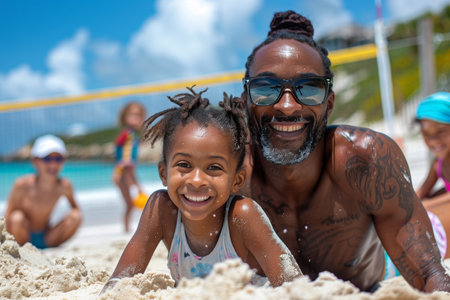 Family Enjoying Volleyball Game, Laughing and Playing in the Sandの素材