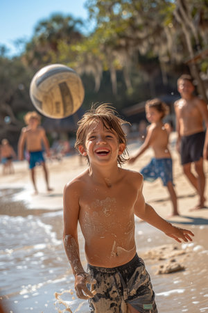 Family Enjoying Volleyball Game, Laughing and Playing in the Sandの素材