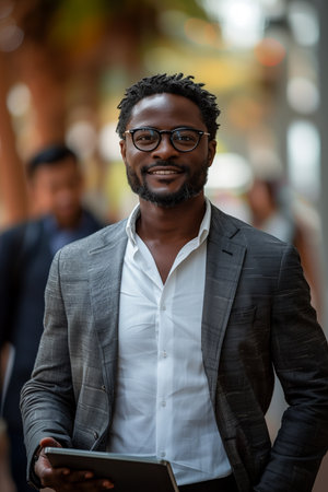 Smiling Businessman Utilizes Tablet on Commute to Officeの素材