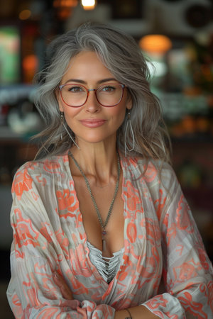 Latin Woman with Sweet Eyes, Sporting a Stylish Pink and White Ensemble and Modern Glasses Frameの素材