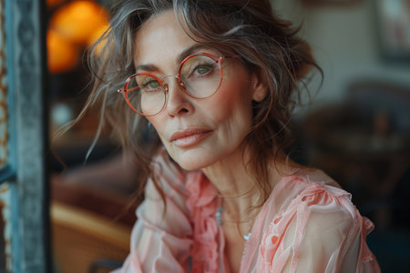 Latin Woman with Sweet Eyes, Sporting a Stylish Pink and White Ensemble and Modern Glasses Frameの素材