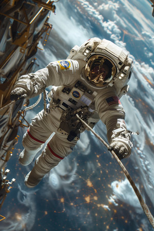 Astronaut Tethered to Spaceship, Earth's Majestic Backdropの素材