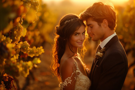 Couple Embraces in Romantic Vineyard Setting, Bathed in Warmthの素材
