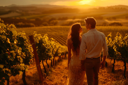 Couple Embraces in Romantic Vineyard Setting, Bathed in Warmthの素材