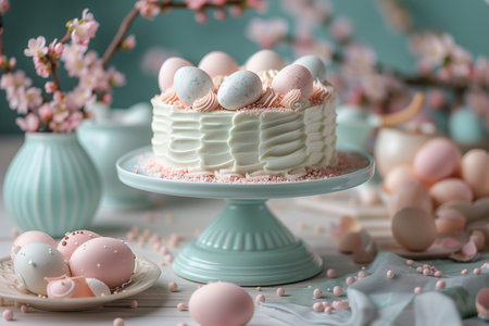 Minimalist Cake and Decorated Eggs Adorn the Festive Tableの素材