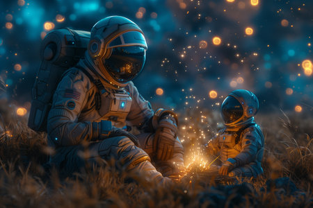 Astronaut and Alien Relax by Bonfire Under Starry Night Skyの素材