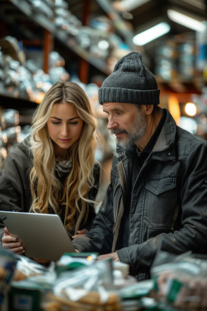 Man and Woman Monitor Laptop Screen in Busy Food Warehouseの素材