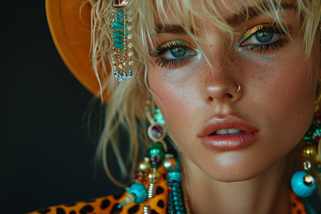 Blonde Woman Rocks Leopard Print Jacket and Vibrant Beaded Accessoriesの素材