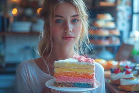 Young Woman Holding a Vibrant Rainbow Cakeの素材