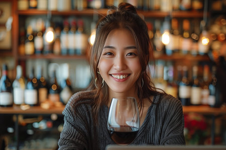 Charming Asian Woman Enjoying a Glass of Wineの素材