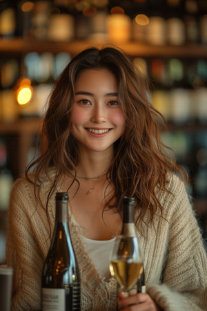 Charming Asian Woman Enjoying a Glass of Wineの素材