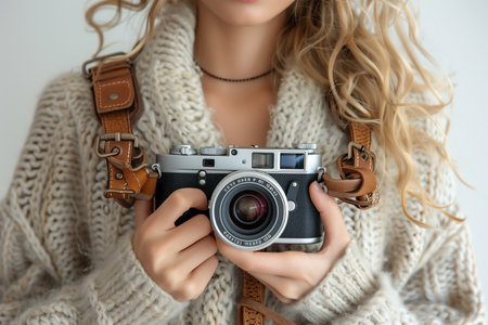 Professional Woman Photographer Holds Camera, Fully Engaged in Her Workの素材