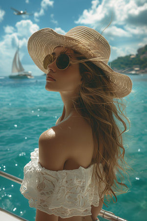 Woman in Hat and Sunglasses Stands by Shore as Yacht Sails in the Seaの素材