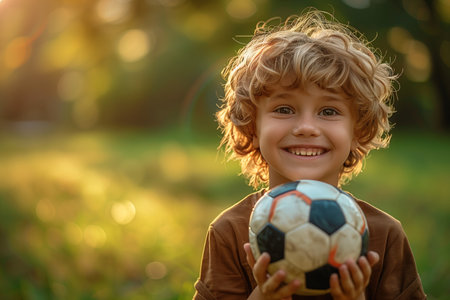 Boy Poses with Soccer Ball Against Blurred Outdoor Backdropの素材