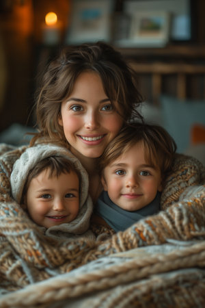 Happy Woman and Children Enjoying Quality Time Together in a Spacious Bedの素材