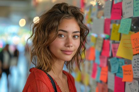 Thoughtful Professional in Red Shirt Engages with Wall of Brainstorming Sticky Notesの素材