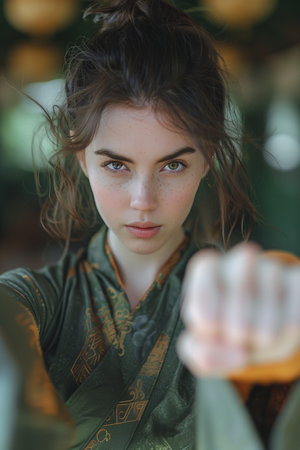 Woman in Kimono Performs Martial Arts Punch with Graceの素材