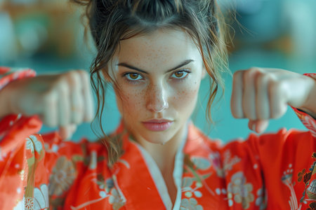 Woman in Kimono Performs Martial Arts Punch with Graceの素材